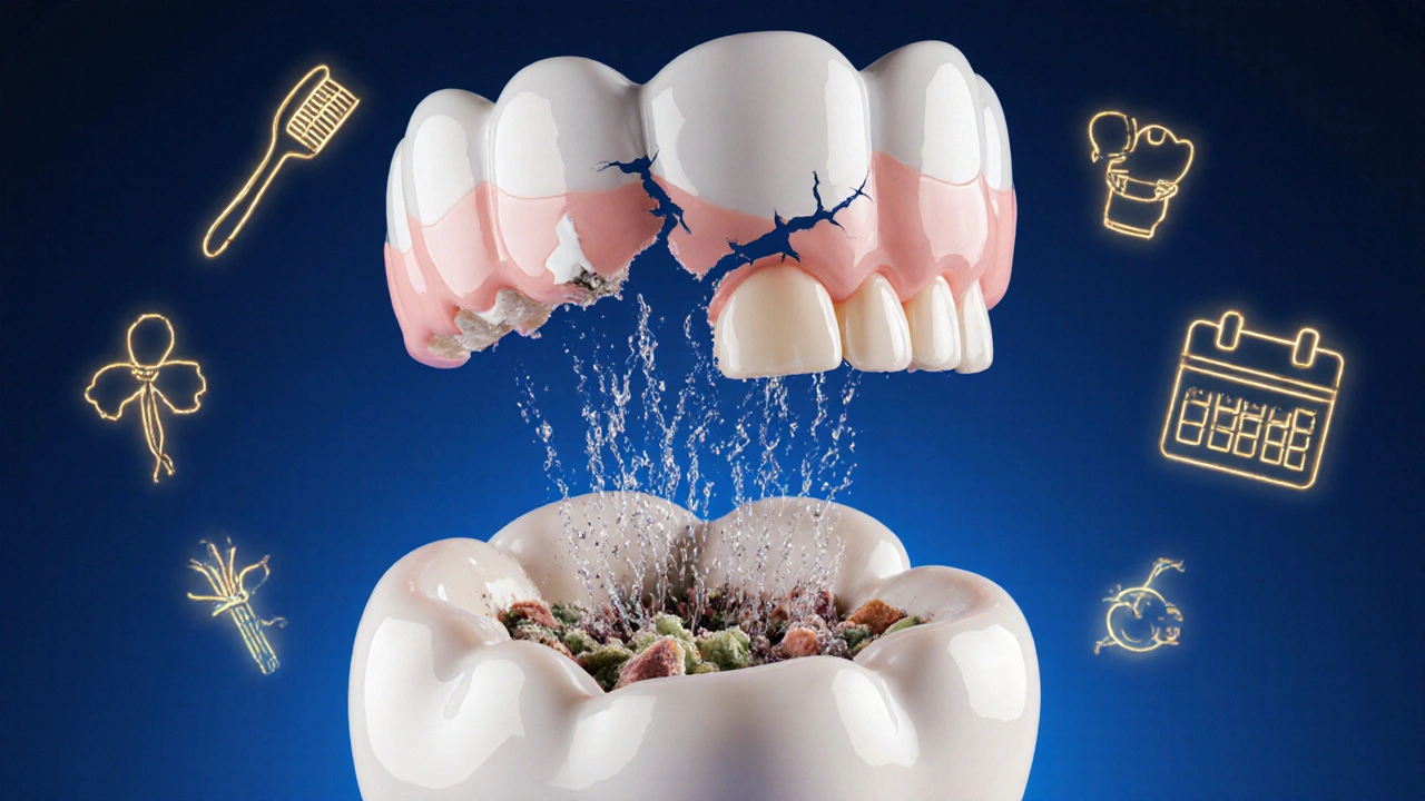 Rozpadající se korunka s bakteriemi pod ní proti dokonale přilepené korunce s příznaky dobré hygieny.