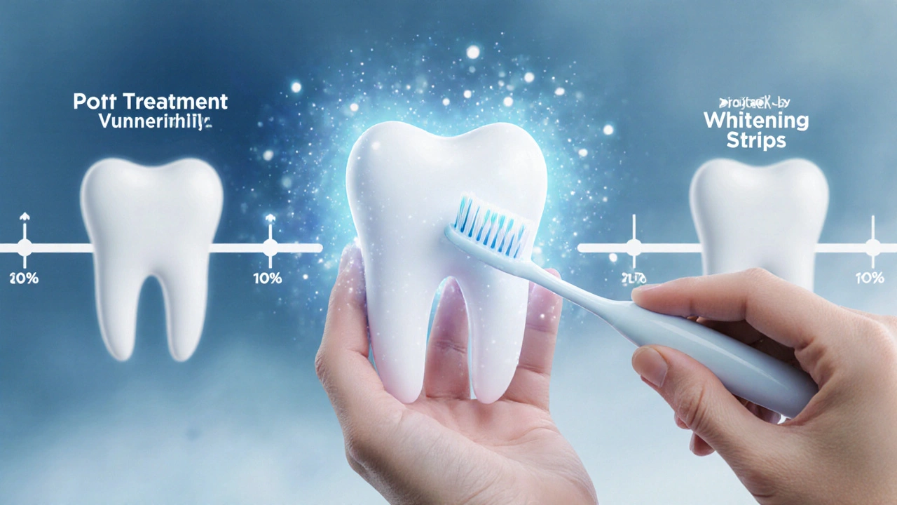 Ruka čistí zuby jemným kartáčkem, kolem zubu se objevují světelné částice označující ochranu.