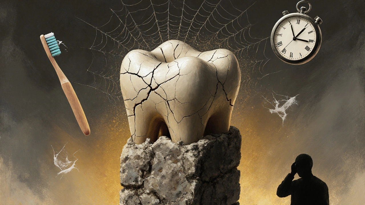 Symbolická představa zubu jako zničeného sloupu s příznaky zanedbání