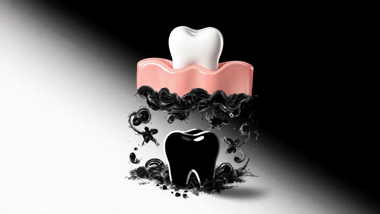 Symbolický obraz zubu, který se ztrácí v křehké kosti, proti zdravému zubu.