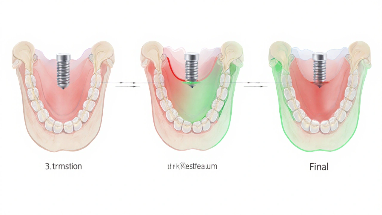 Three-stage illustration of upper jaw expansion using a palatal expander.