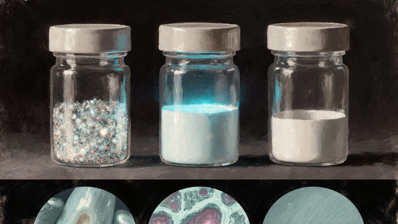 Tři druhy zubních cementů v průhledných nádobkách s mikroskopickými detaily zubní tkáně pod nimi.