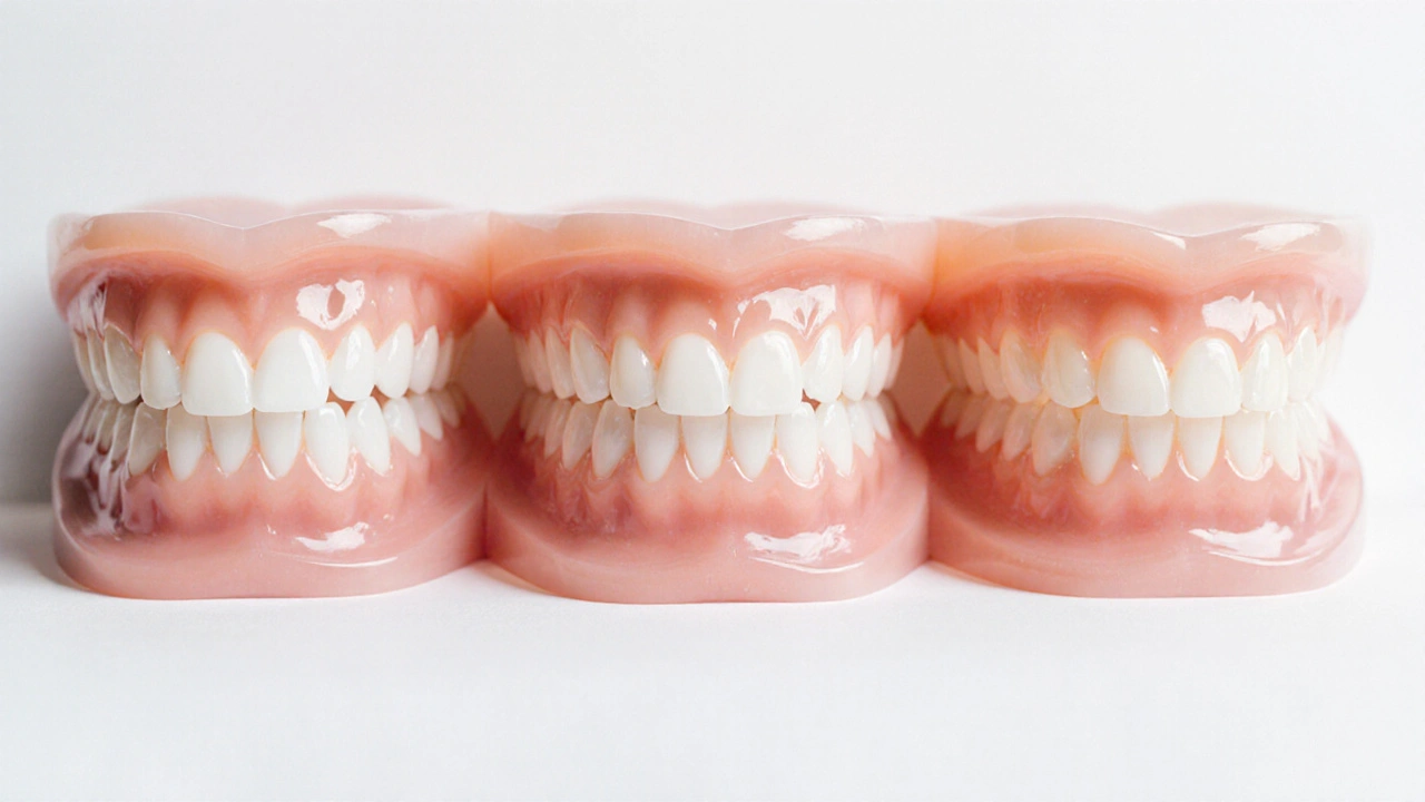 Tři typy nalepovacích zubů: plastové, silikonové a profesionální protéza, vedle sebe.