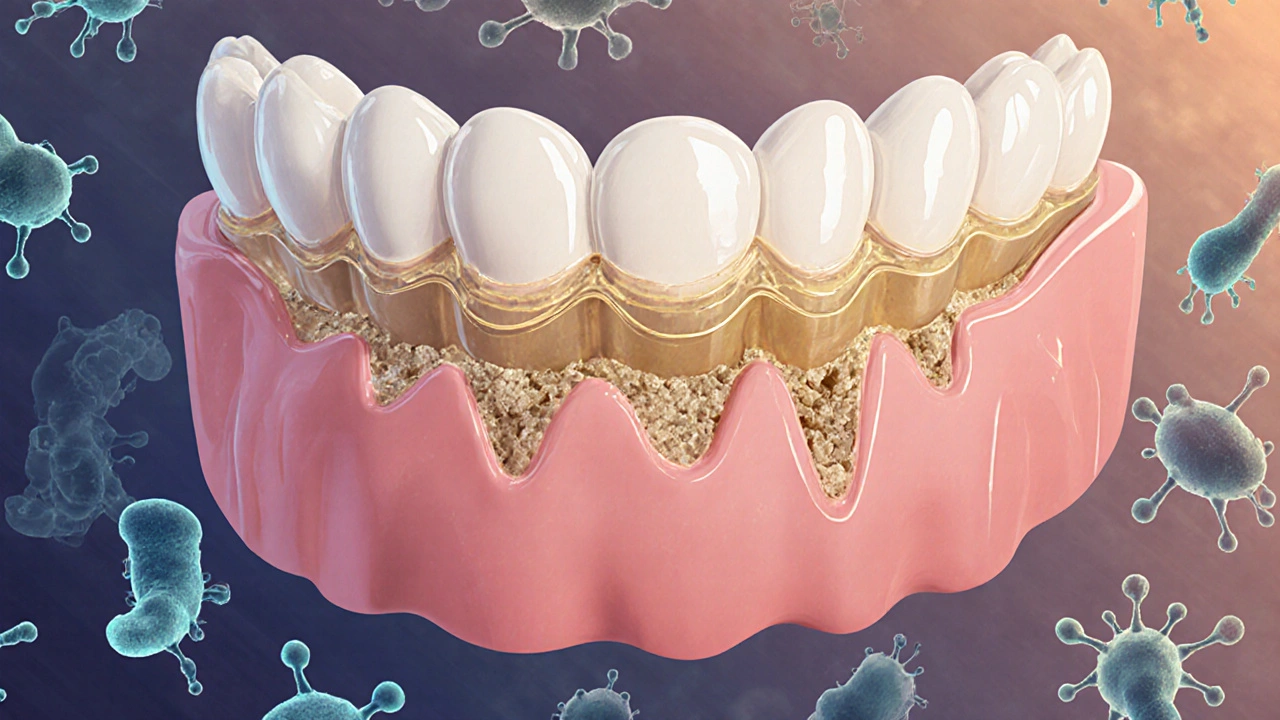 Vrstvy zubního kamene se tvoří pod dásněmi z plaku a bakterií.