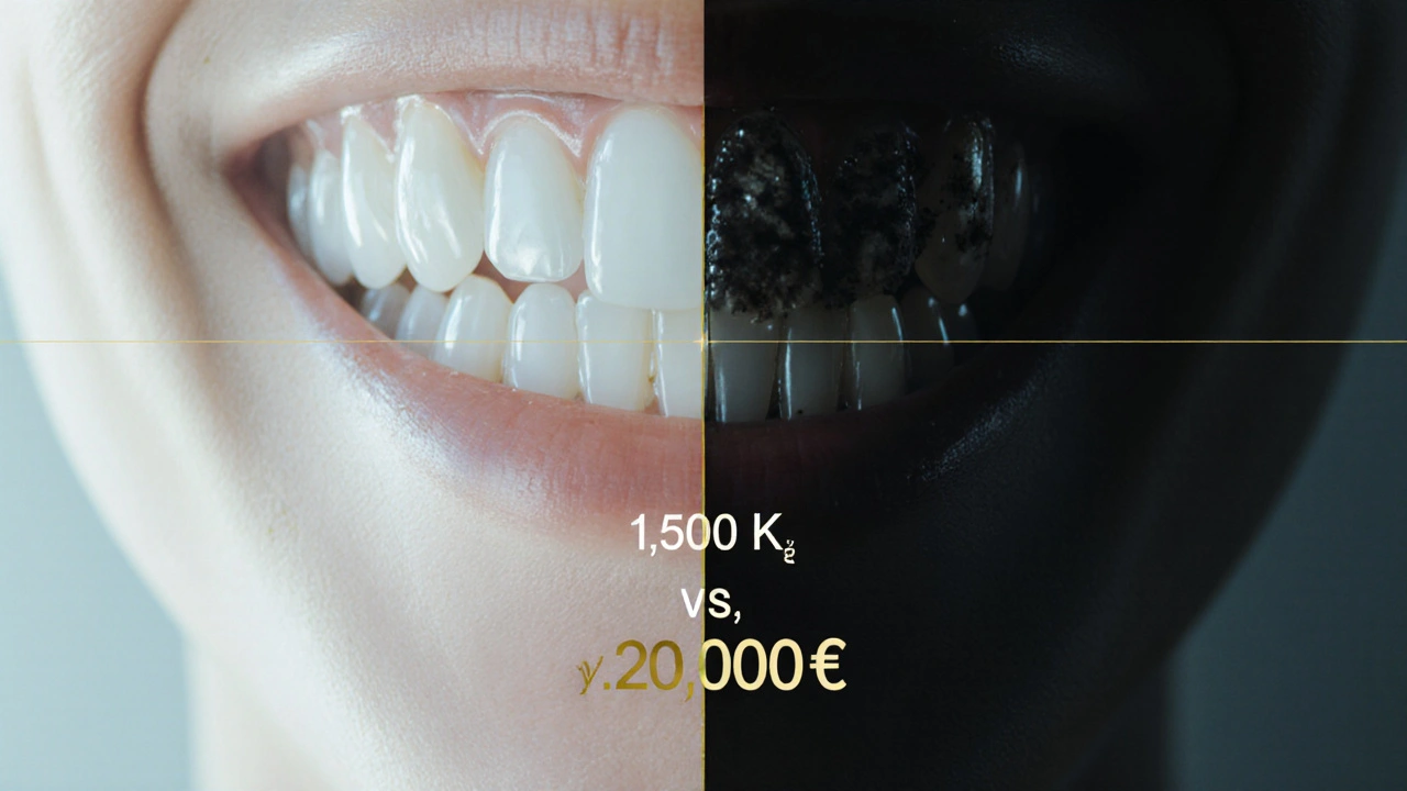 Zdravý úsměv v porovnání s poškozeným zubním kamenem a ztrátou kosti.