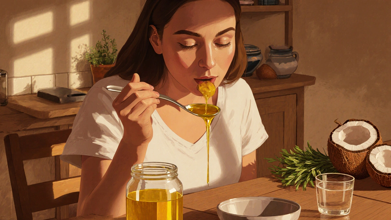 Žena provádí oil pulling s kokosovým olejem v kuchyni.