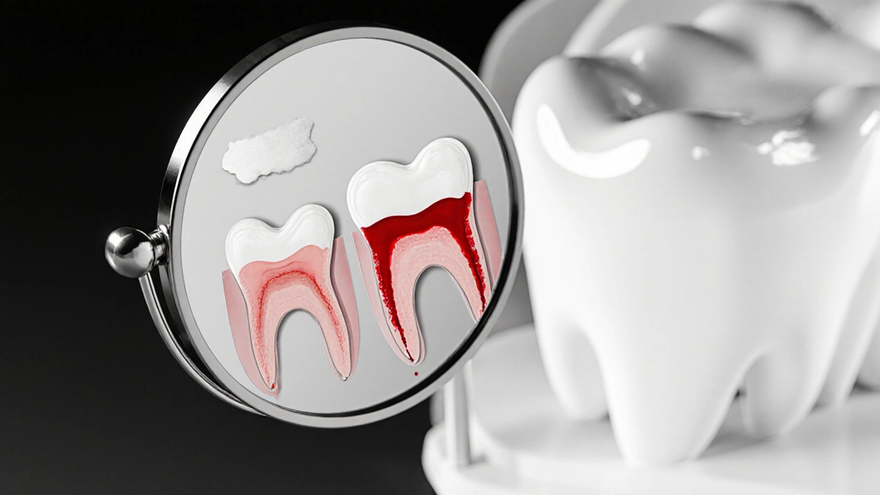 Zrcátko zobrazuje tři příznaky zubního vředu: bílý plak, krvácení a zpětné ustupování dásně.