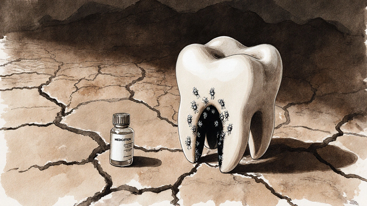 Zub s kavou mezi zuby, obklopený suchou krajinou, symbolizující účinek léků.