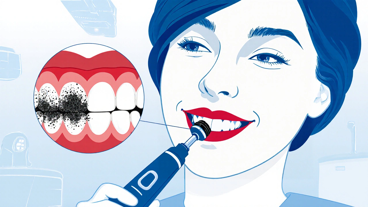 Zubní hygienistka odstraňuje černý zubní kámen ultrazvukovým zařízením.