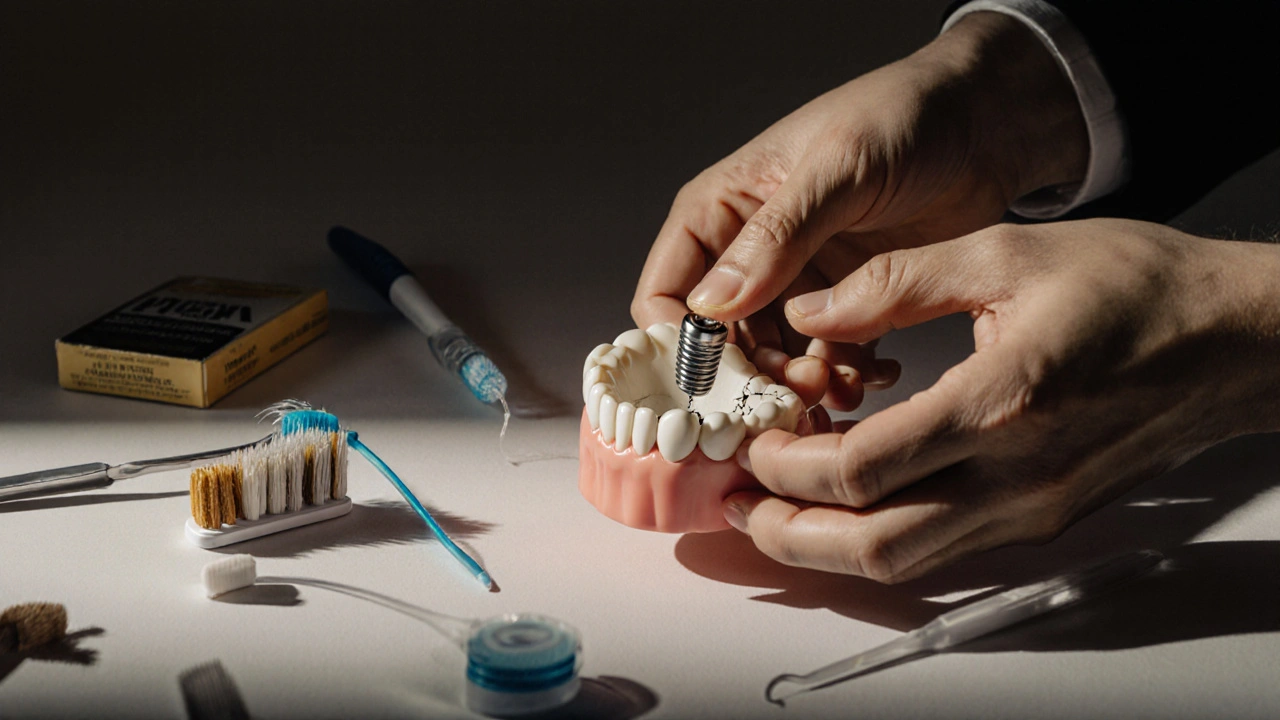 Zubní implantát a poškozená korunka spolu s příznaky špatné péče.