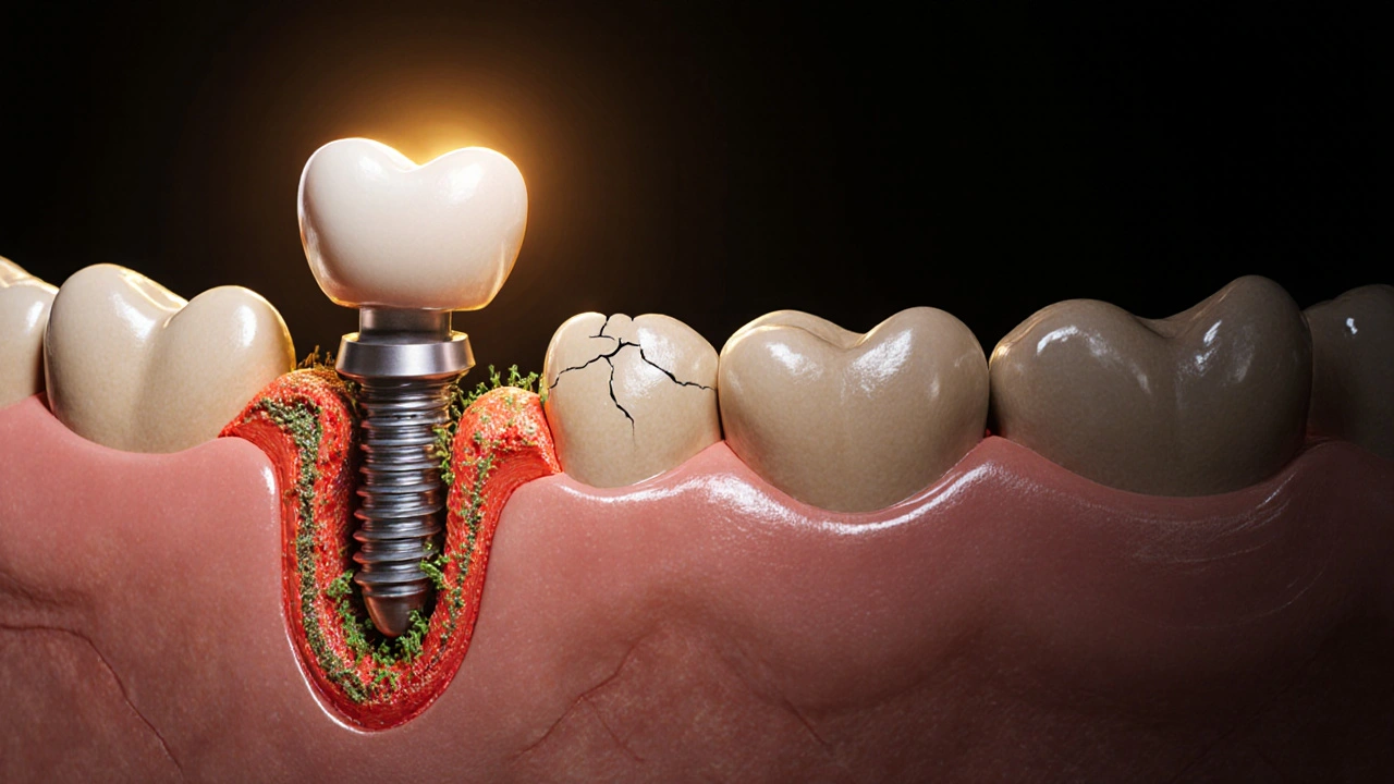Zubní implantát s keramickou korunkou vrostlý do kosti, vedle most s poškozenými zuby