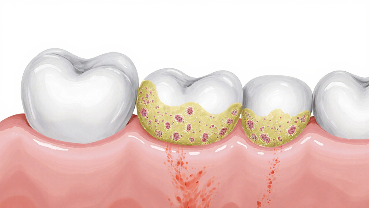 Zubní kámen na základě zubu s bakteriemi a zánětem dásní, v kontrastu s čistým zubem.