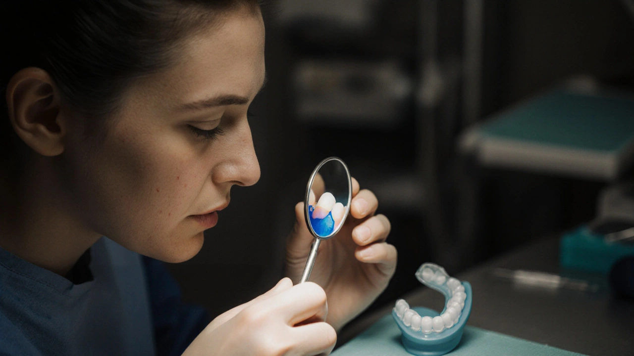 Zubní lékař zjišťuje prasklinu modrým barvivem