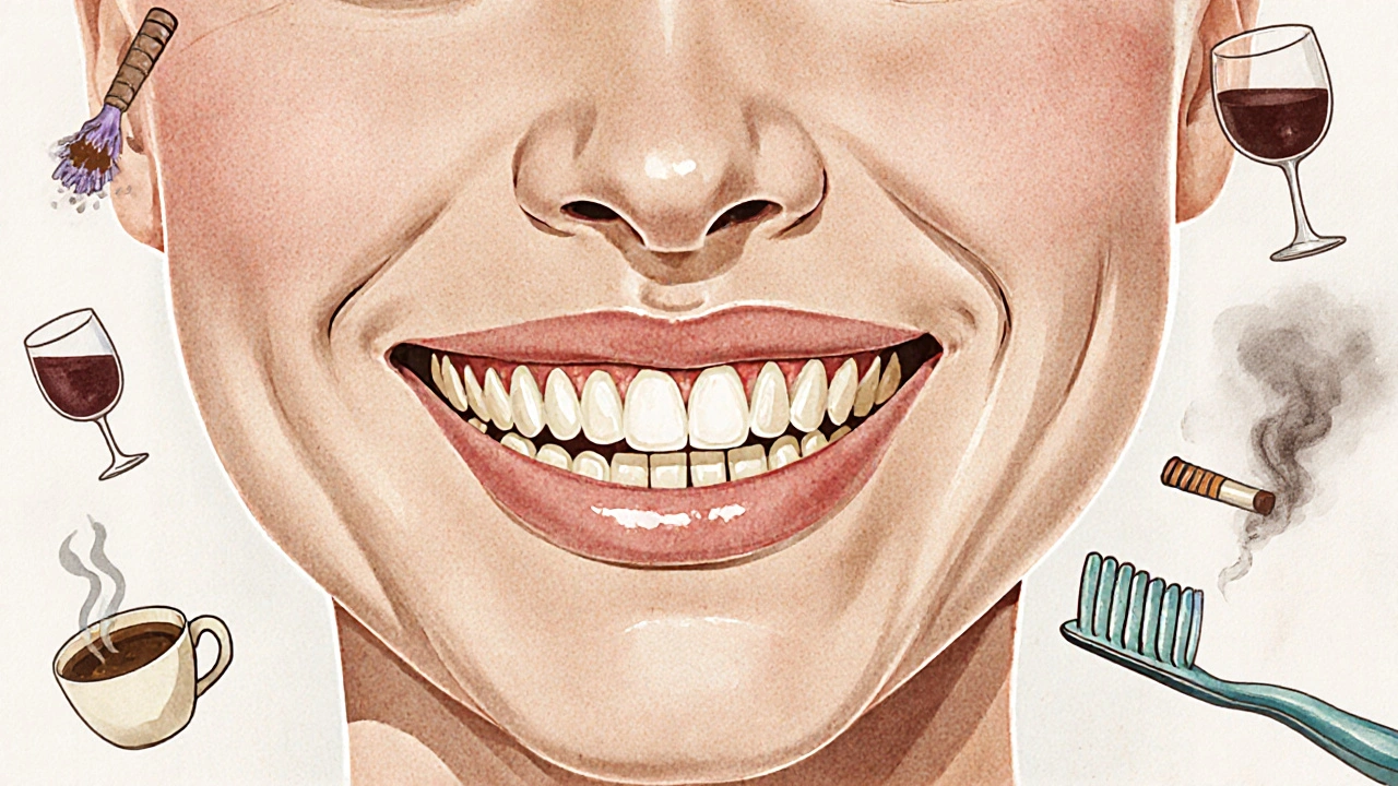 Zuby v různých přirozených barvách s vlivy kávy, vína a kouření.