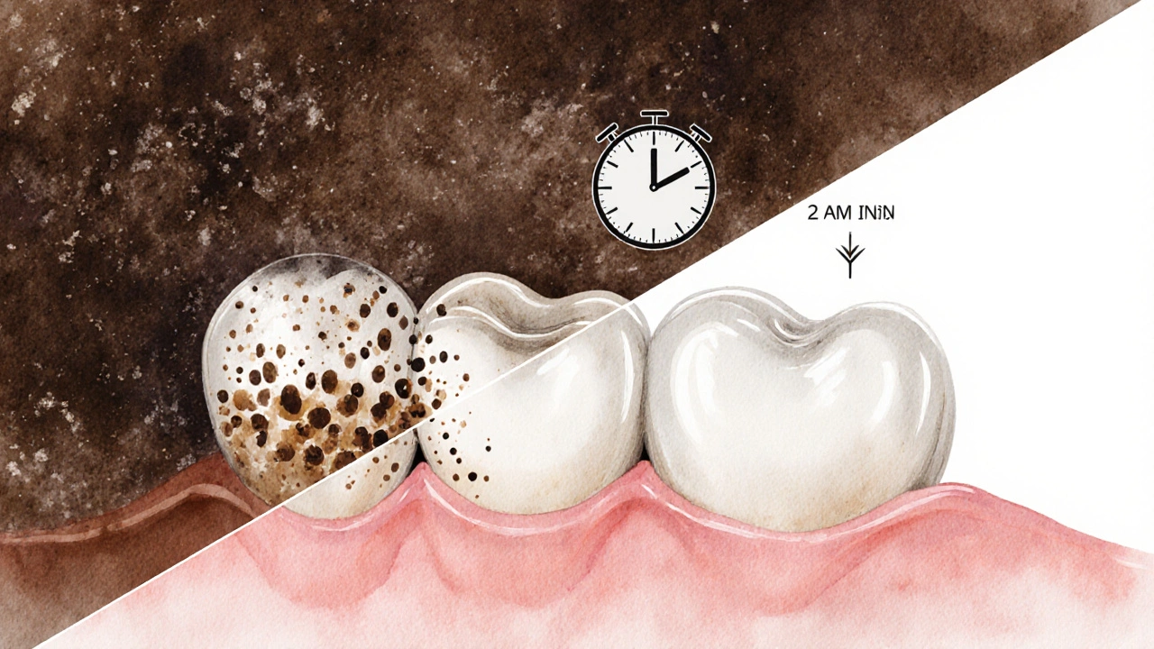 Zvětšený pohled na zubní email s vstřebáváním tmavých barviv, které postupně ustupují.