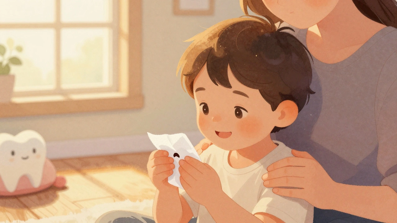 Dítě pomalu vytahuje volný mléčný zub čistou gázou.