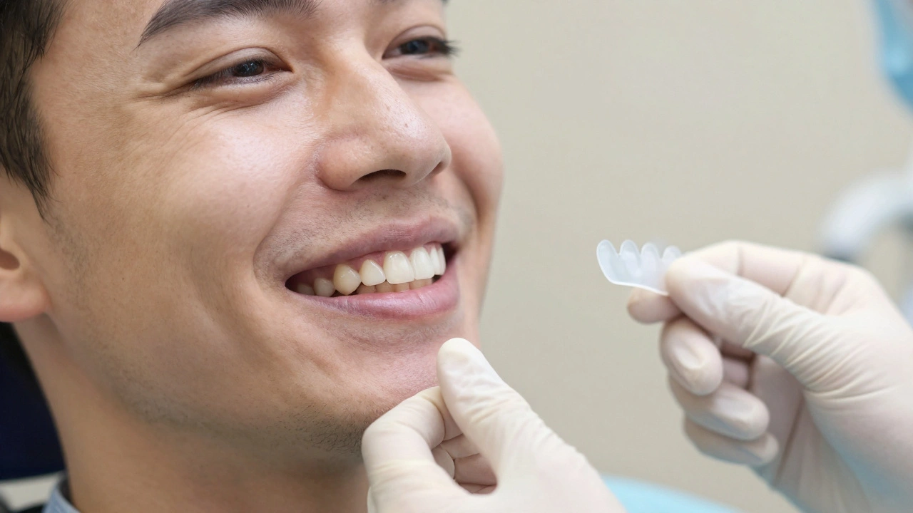 Dospělý muž se zbarvenými zuby a tenkou porcelánovou vložkou v ruce zubního lékaře.