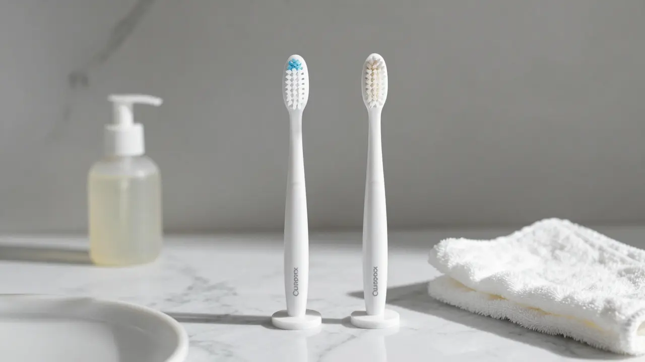 Dvě hlavice sonického kartáčku ve svislé poloze na stojánku.