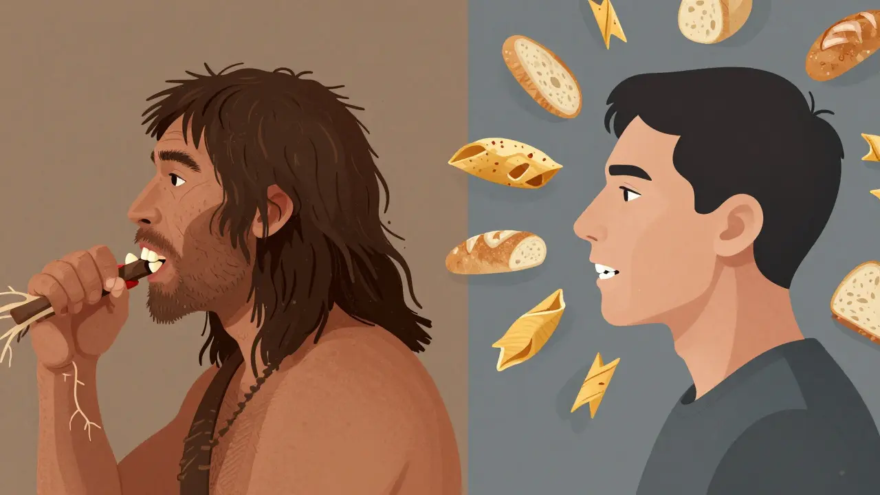 Evoluční porovnání: pravěký člověk s širokou čelistí a moderní člověk s tlačenými zuby moudrosti.