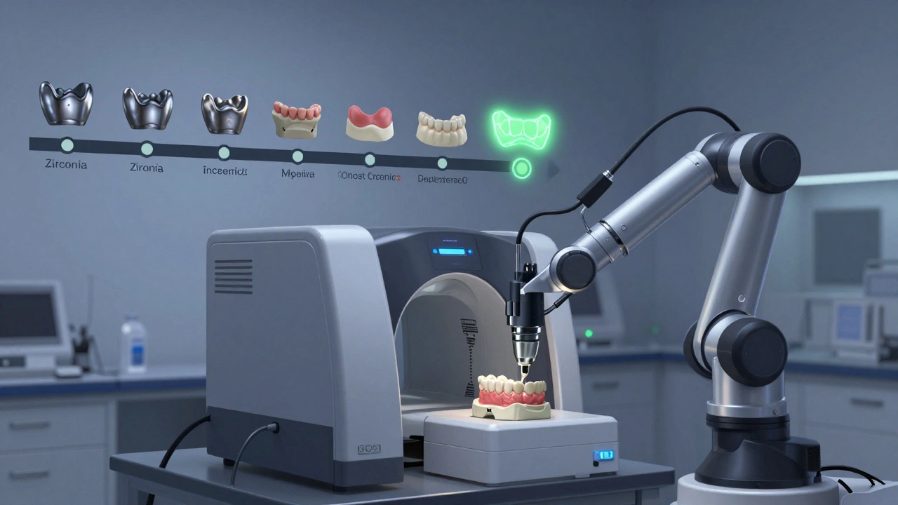 Futuristická zubní laboratoř s roboty vyrábějícími keramické zubní náhrady a nanovlákny podporujícími zdraví dásní.