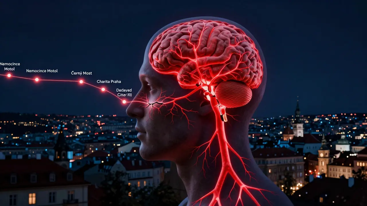 Konceptuální obrázek rozbitého zubu s červenou infekcí šířící se k mozku, přes pozadí Prahy s označenými nouzovými klinikami.