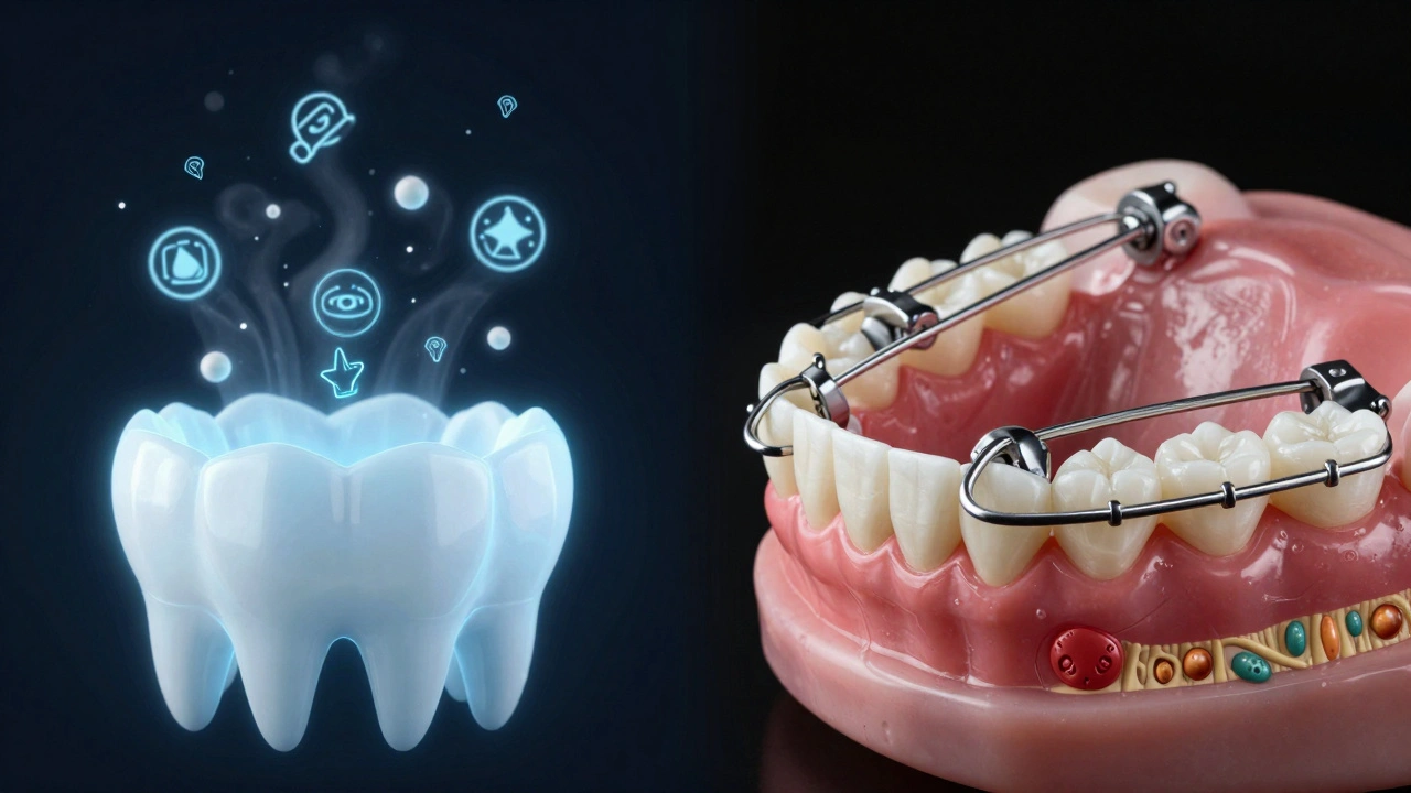 Kontrast mezi neúčinným kvantovým polem a skutečným ortodontickým zařízením působícím na zuby.