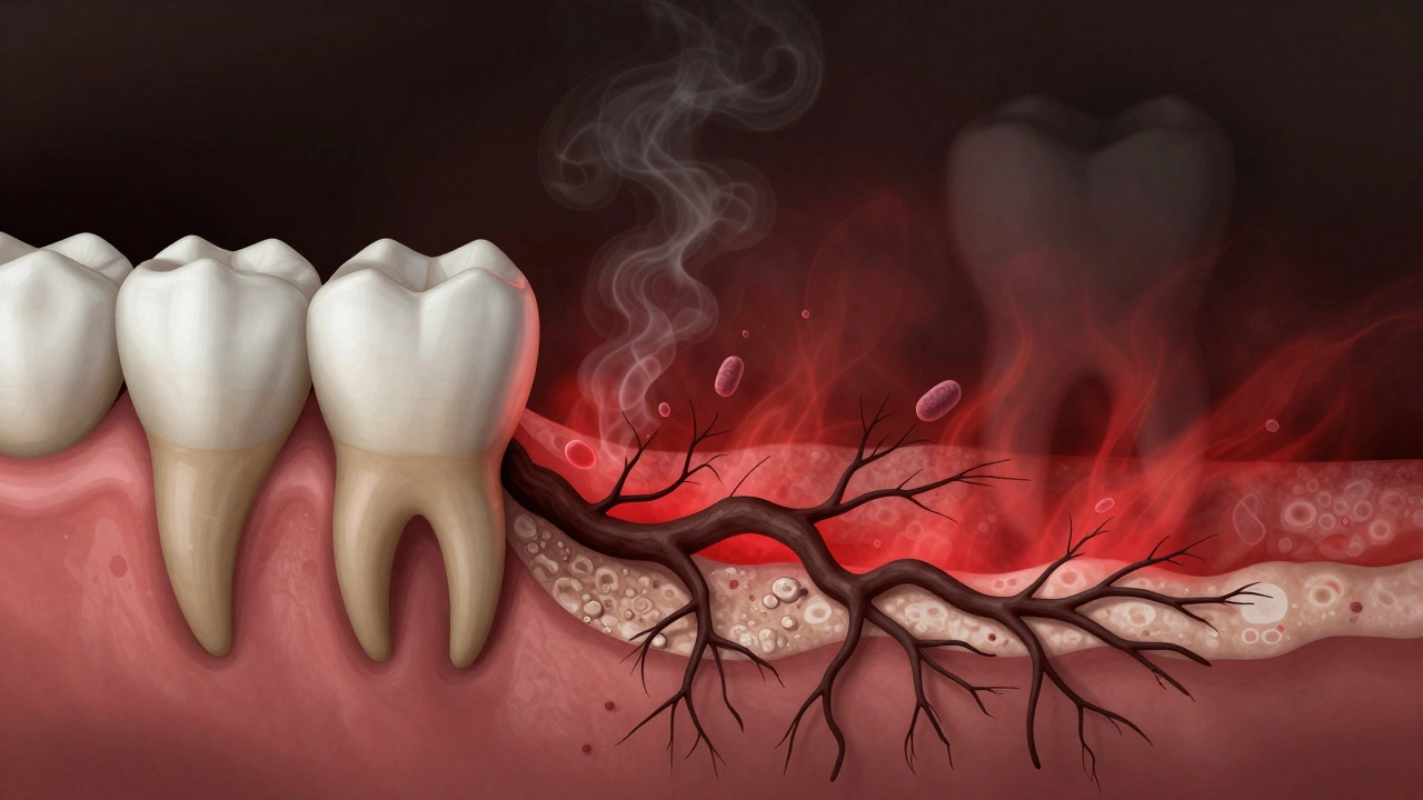 Kontrast mezi zdravou a poškozenou dásní s kamenem šířícím se do kosti.