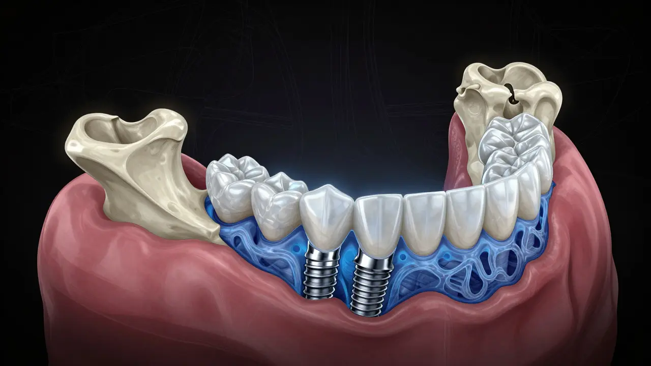 Křížový řez čelisti s akrylovou protézou a implantáty v kosti.