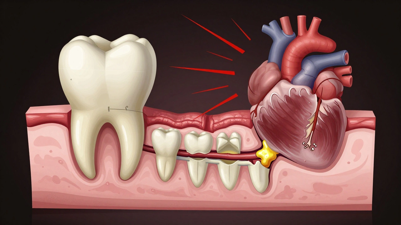 Křížový řez čelisti: zůstalý kořen s infekcí vedoucí k hnisu.