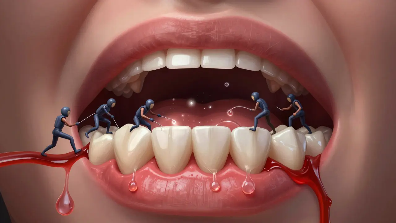 Křížový řez úst s bakteriemi ničícími zubní sklovinu a šířícími se do krevního oběhu.