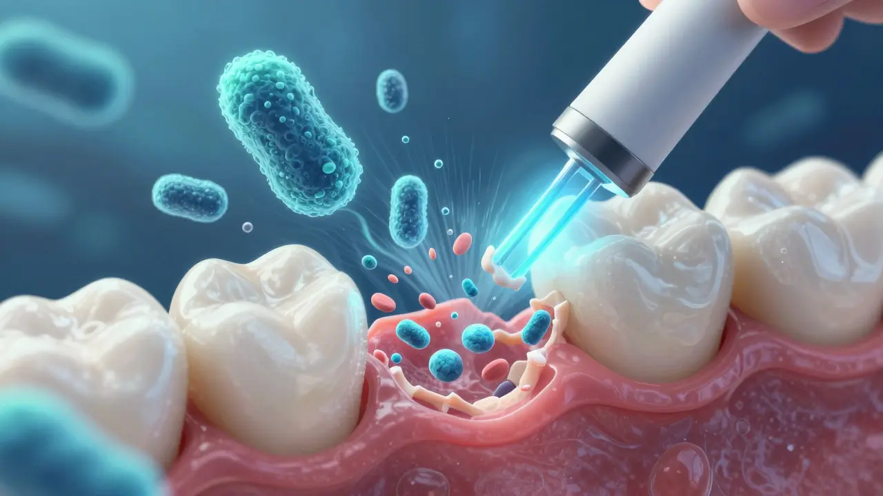 Microscopic view of dental calculus breaking apart under ultrasonic waves and micro-bubbles.