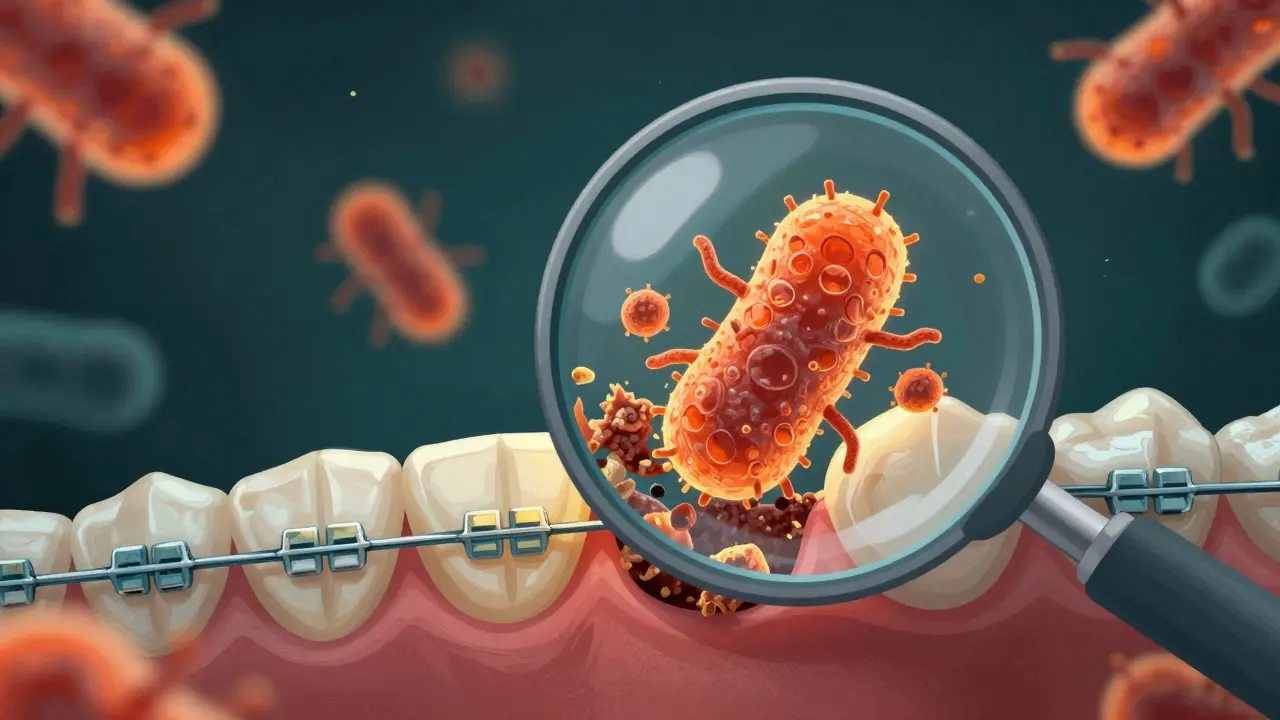 Mikroskopické bakterie hromadící se v jídlu mezi dráty rovnátek.