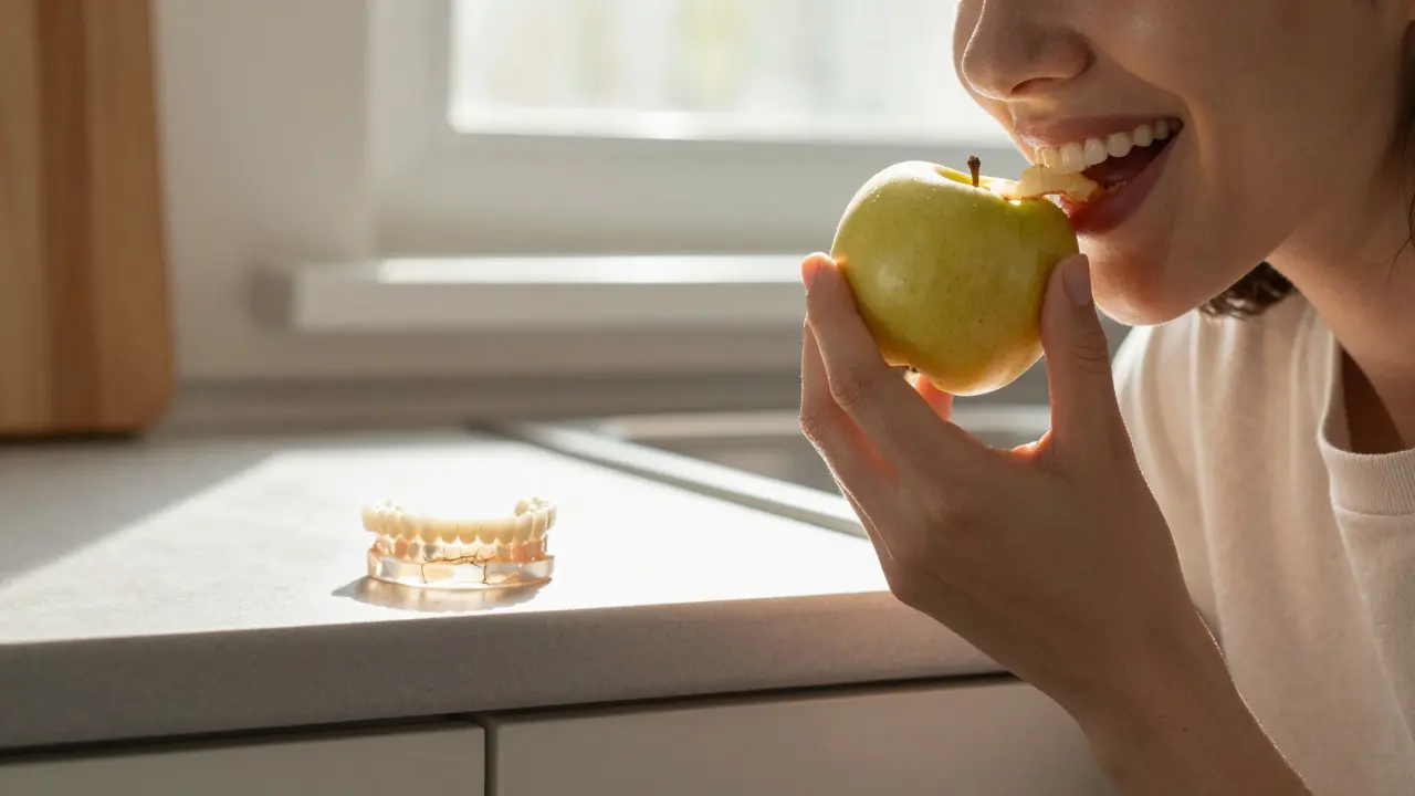 Osoba jedí jablko s trvalou protézou, za ní zahozená levná protéza.