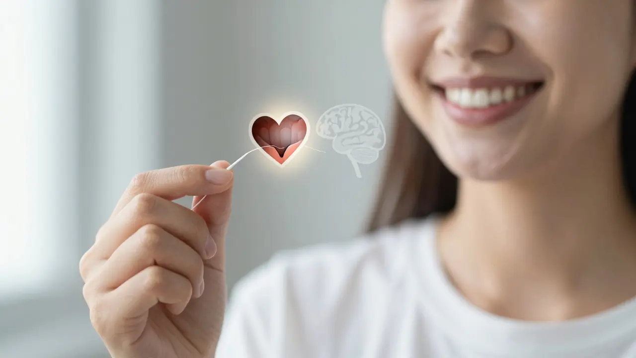 Osoba používající zubní nit, s přehledem skrytého kazu ovlivňujícího srdce a mozek.