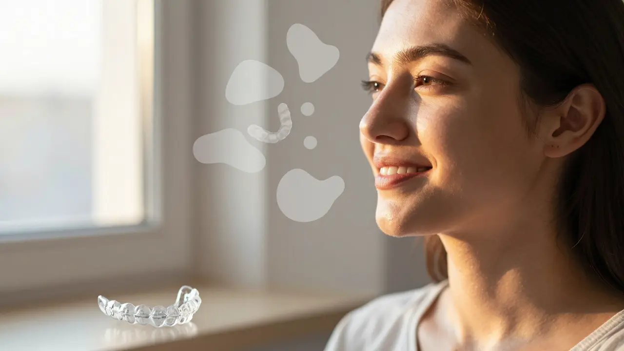 Osoba s průhlednými alignery meditující při ranním světle.