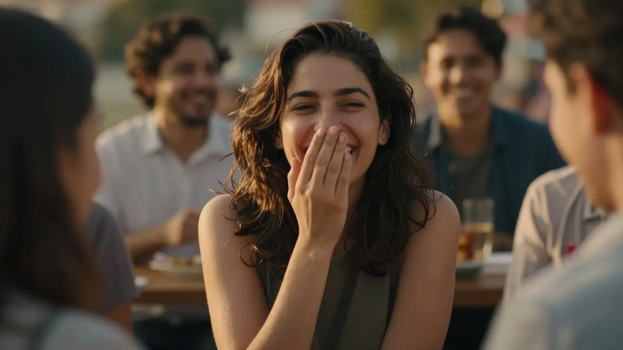 Osoba se směje na večírku bez obav, s přirozeně krásným úsměvem.