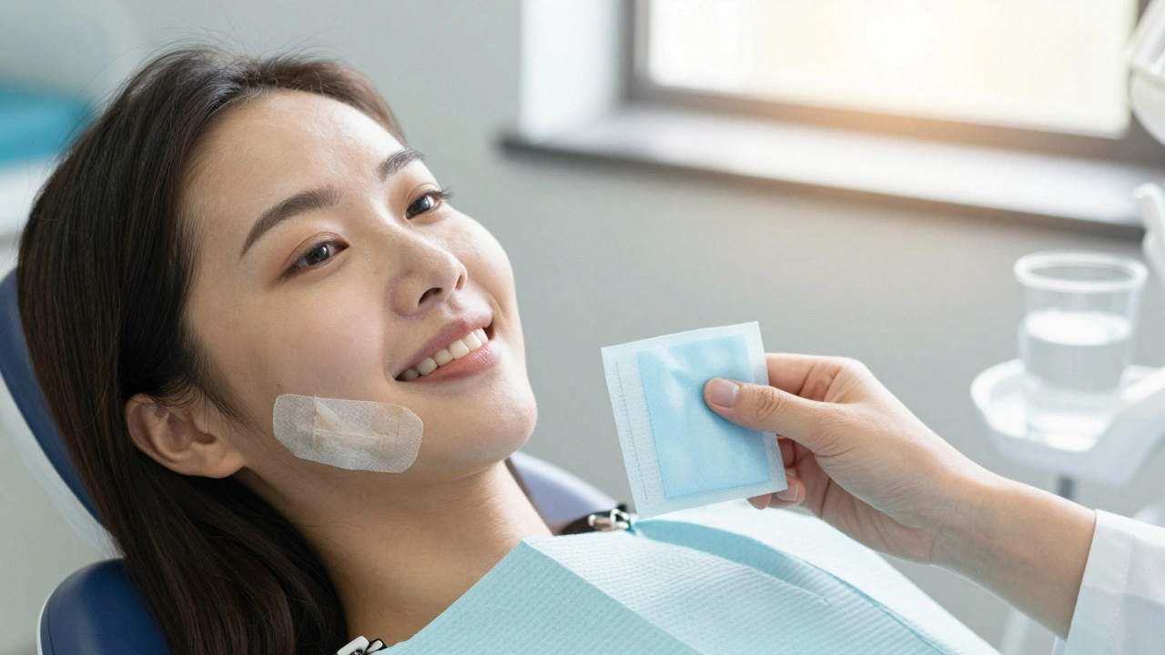 Pacientka se usmívá po odstranění zubu moudrosti, drží chladící obklad na tváři.