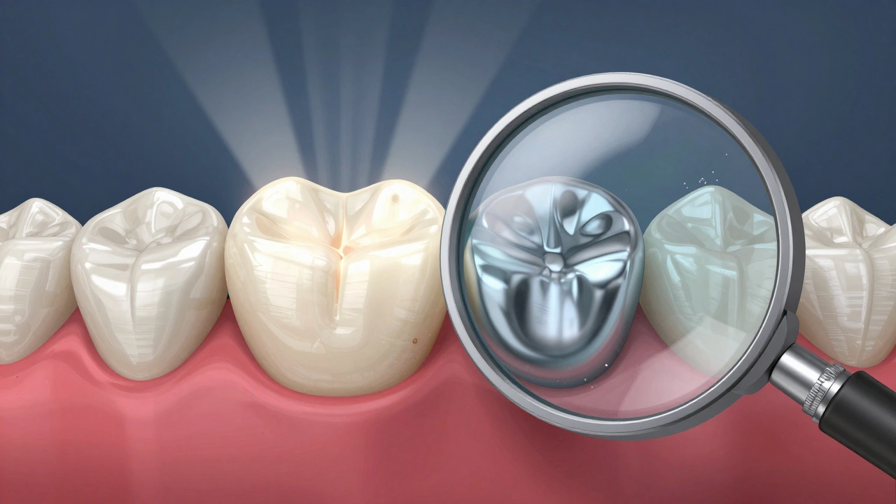 Porovnání keramické a kovové zubní korunky pod zvětšovacím sklem s viditelným rozdílem v průsvitnosti a hygieně.