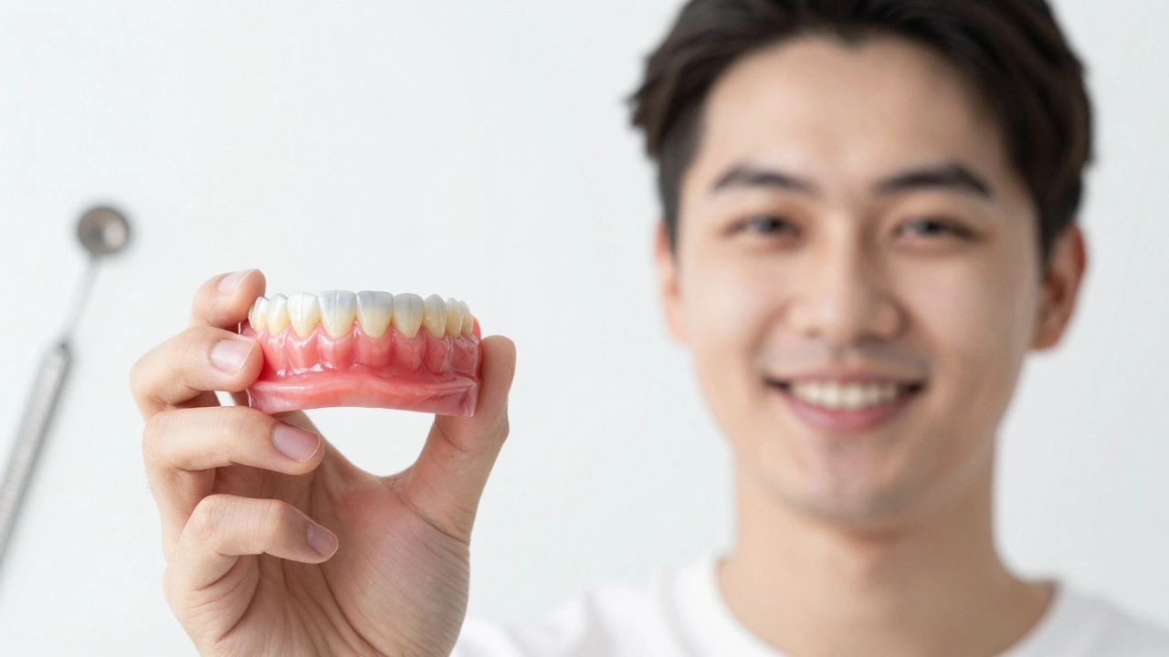 Porovnání před a po: šedivé dásně u kovové korunky vs. růžové dásně u keramiky.