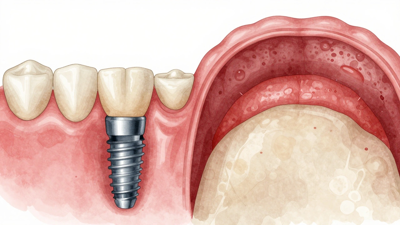 Porovnání zdravé a zánětlivé tkáně kolem zubního implantátu v anatomickém zobrazení.