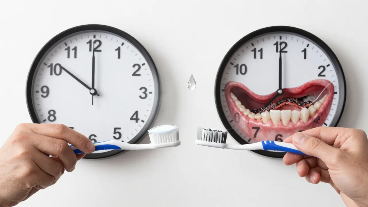 Porovnání zdravých a poškozených zubů s časovou osou prevence.