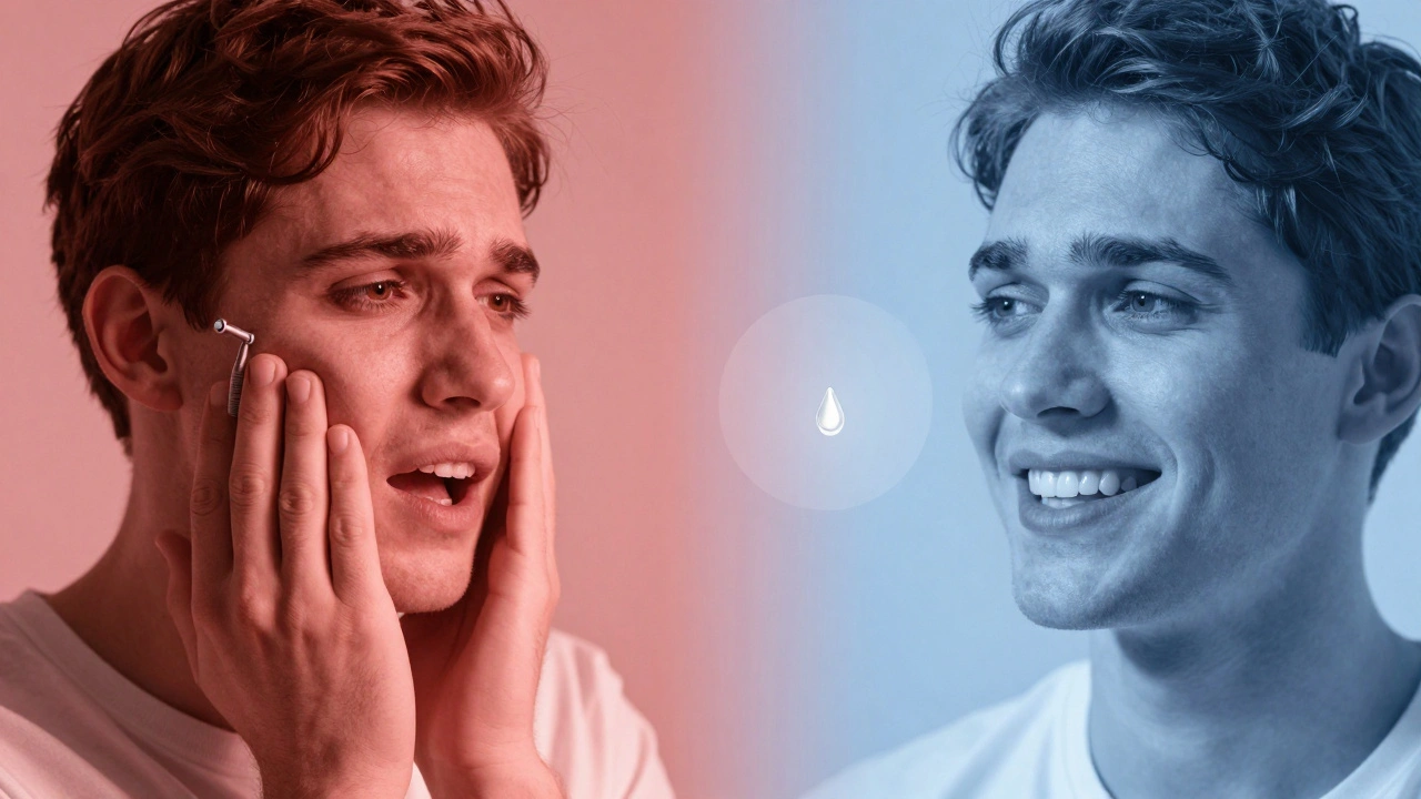 Přechod od strachu k klidu při zubní léčbě, znázorněný dvěma scénami.