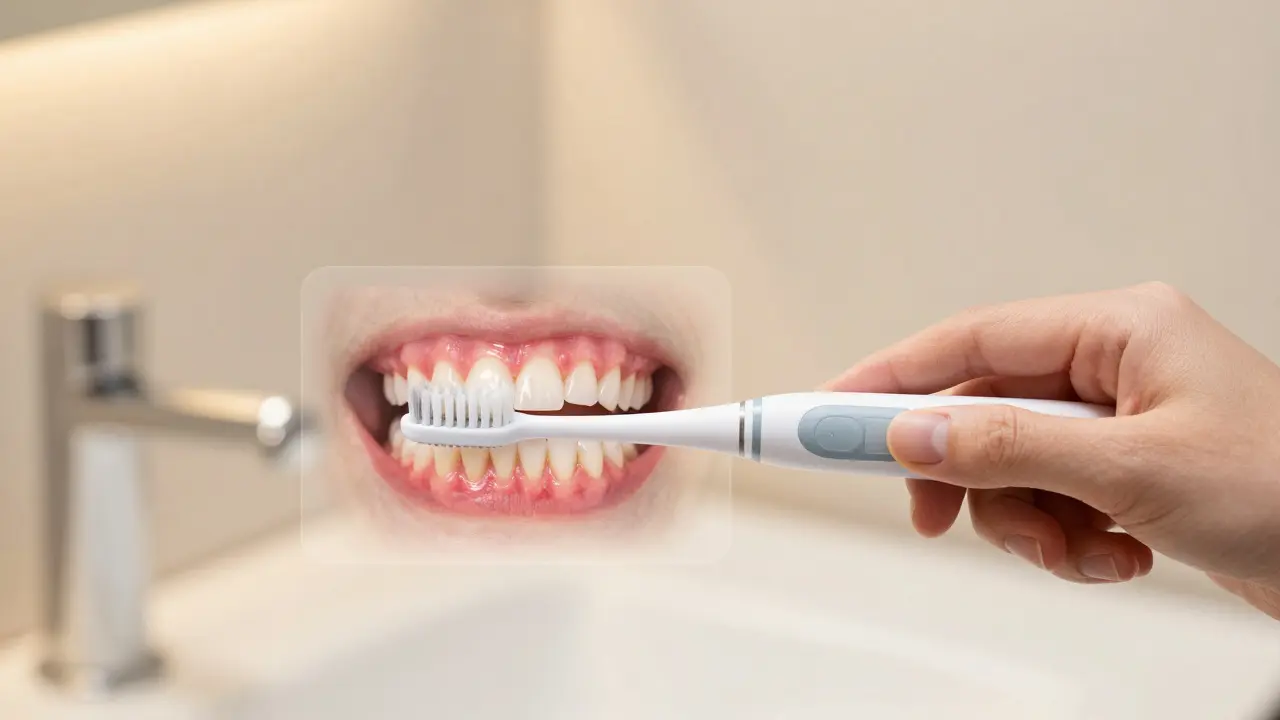 Před a po srovnání čištění zubů: plak a zánět vs. zdravé dásně.