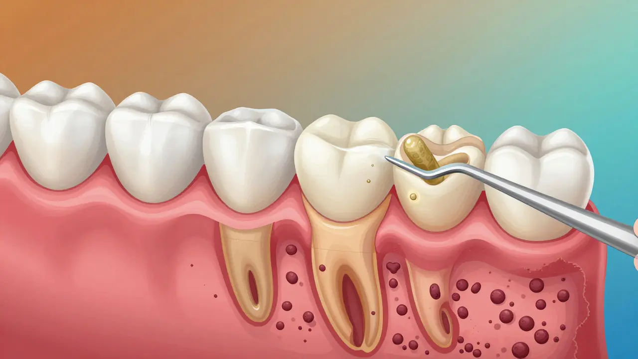Přehled vnitřní struktury zubu s plakem a zubním kamenem pod dásní.