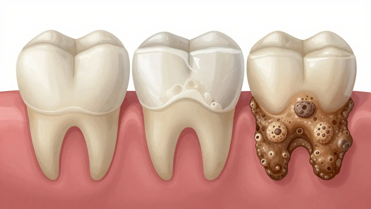 Progression from dental plaque to hardened tartar on tooth surfaces.
