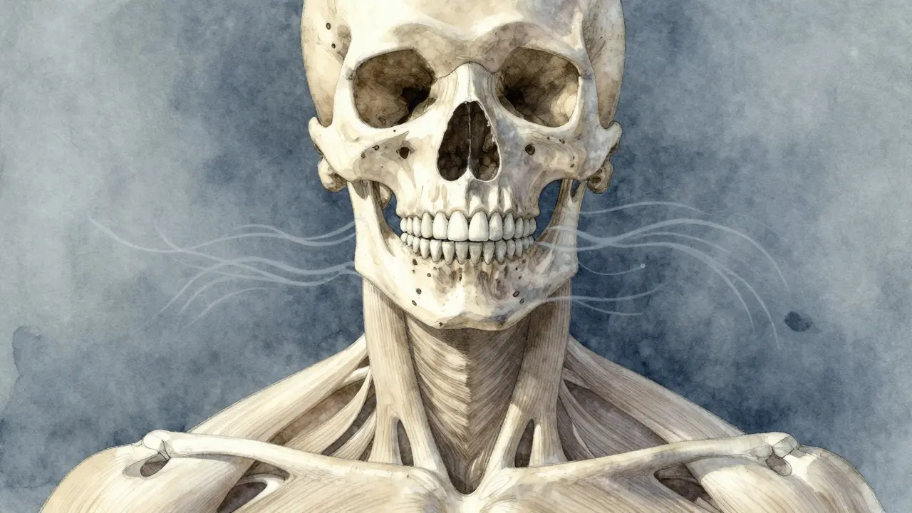 Průhledná lebka s uvolňujícími se svaly čelisti při dýchání.