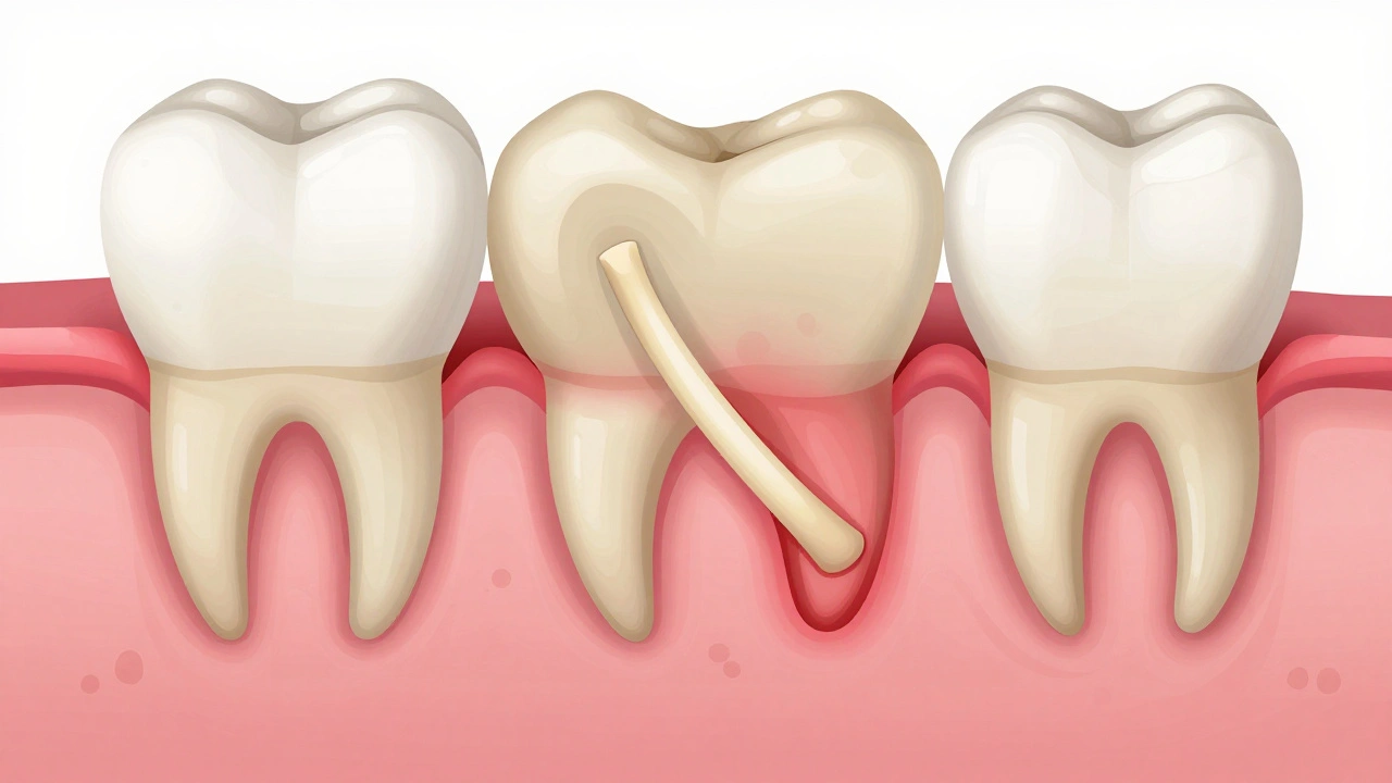 Průřez čelistí s impaktovaným zubem moudrosti, který roste šikmo do sousedního zubu.