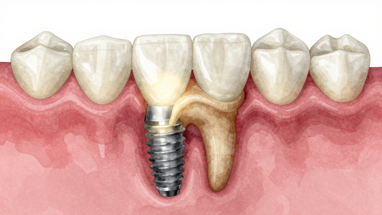 Průřez keramickým zubním implantátem bez kovu, s přechodem kořene do korunky.