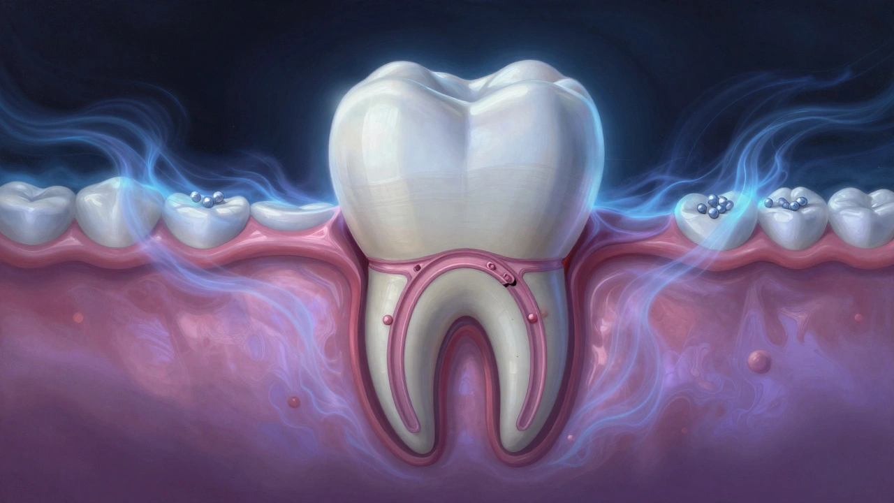 Průřez zubem s uzavírajícími se kanálky pod vlivem léčiv.