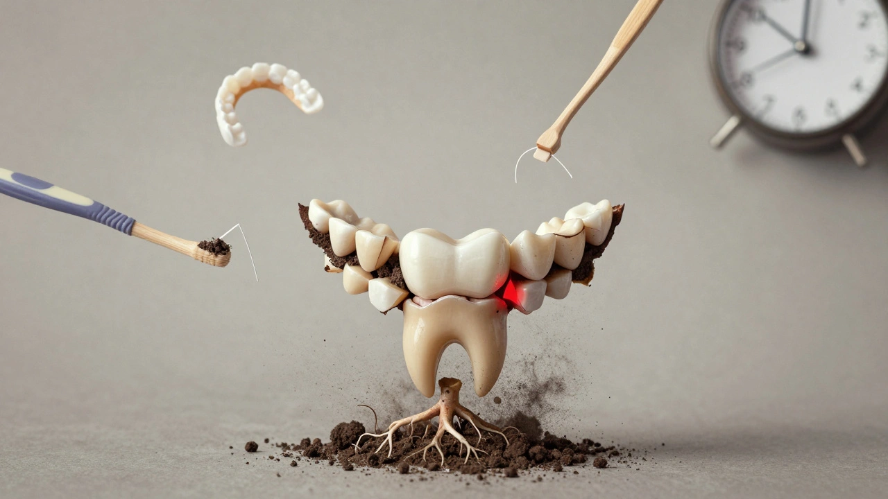 Rozpadající se úsměv, zub se mění v prach, kolem něj zubní potřeby